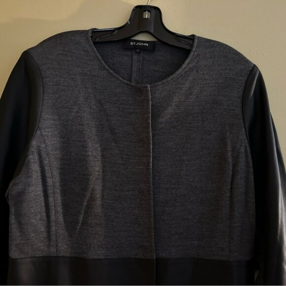 St John Collection Gray Textured Rayon Wool Leather Trim Coat Topper. Size 14 - Picture 12 of 12